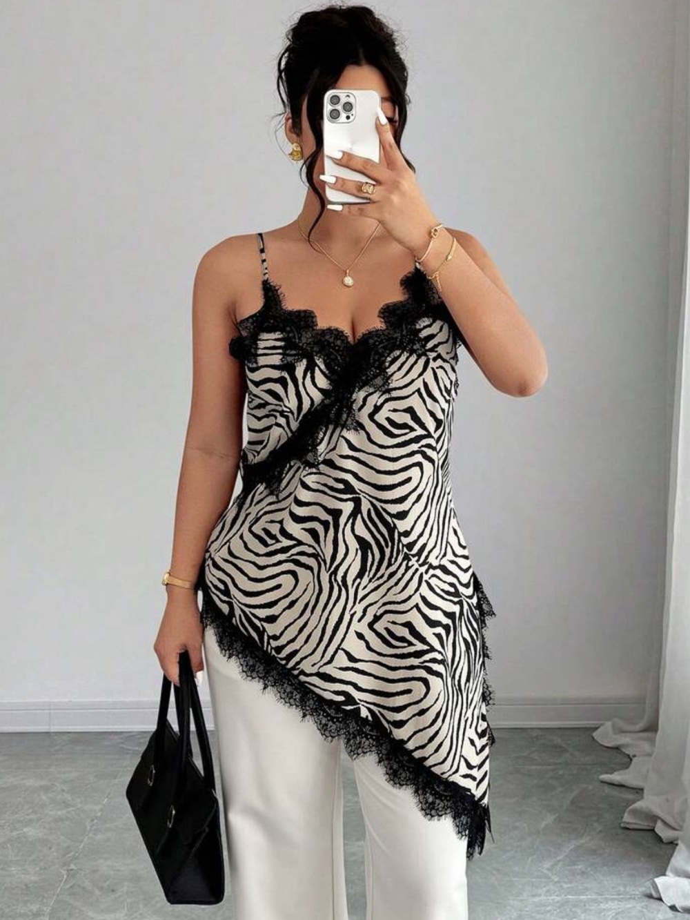 Elenzga Plus Size Summer Fashion Lace Patchwork Zebra Print Asymmetric Camisole